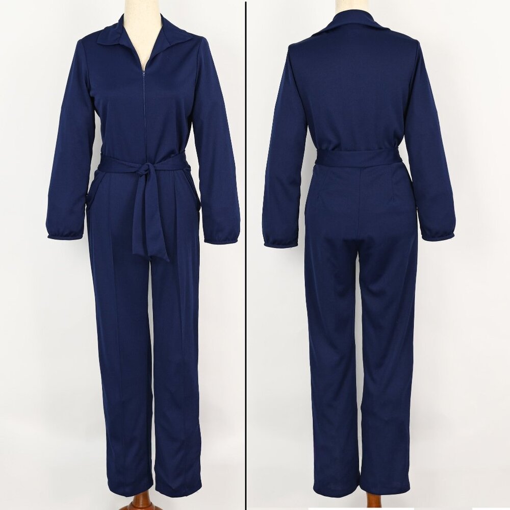 70s Dark Blue Polyester ANTHONY RICHARDS Long Sleeve Drop Down Back Jumpsuit